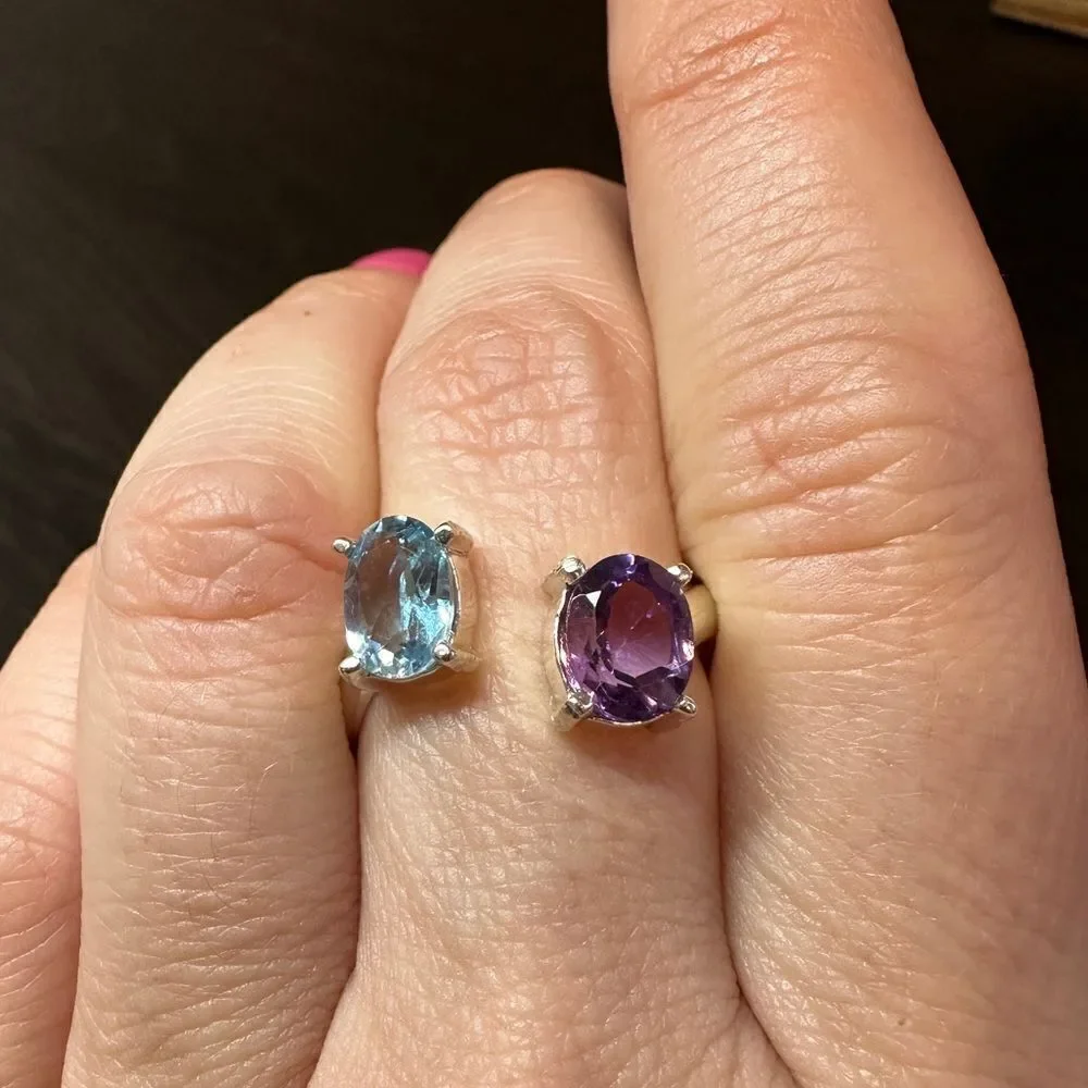 Genuine 1.5ct each of blue topaz and‎ amethyst, set in .925 ring!